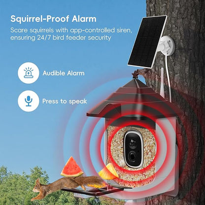 Smart Bird Feeder with Camera, Solar Panel & 5200mAh Battery, 4K HD Video, AI Identification, Instant Arrival Alerts & Alarm, IP65 Weatherproof, 32GB Card, 2L Capacity, Bird Lover’s Smart Companion