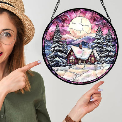 Stained Glass Window Hanging - Winter Snow Scene Cabin Moon Sun Catcher for Door Garden Home Decor Pine Tree Suncatcher Christmas Mother's Day Birthday Gifts for Women Men Mom Nana 11.8 in
