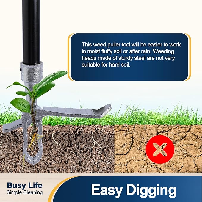 Yocada Stand Up Weed Puller Tool 62.59“ Long Handle 4-Claw Steel Head Design Weeder Stick Easily Remove Weeds Roots Remover for Garden & Lawn Care