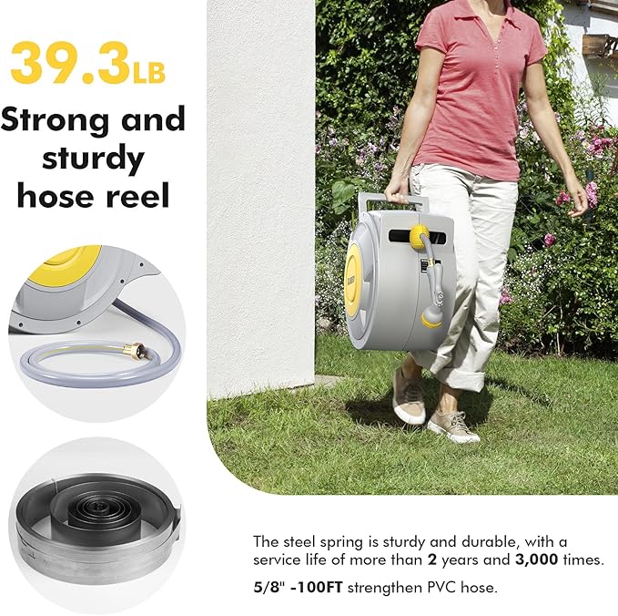 Heavy Duty hose Reel, 5/8"×100 FT Retractable Garden Hose Reel Wall Mount with 8 Pattern Hose Nozzle/Auto Rewind/Any Length Lock/180°Swivel Bracket