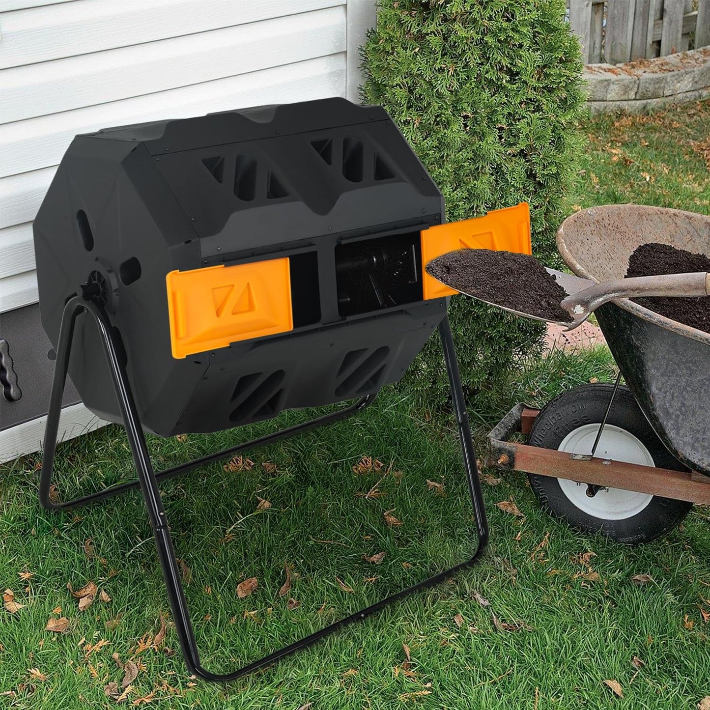 Compost Bin,43 Gallon Compost Bin Kitchen,Tumbling Composting Bins,Dual Chamber Sliding Doors for Garden Patio,Compost Tumbler,Easy to Assemble,Orange Door