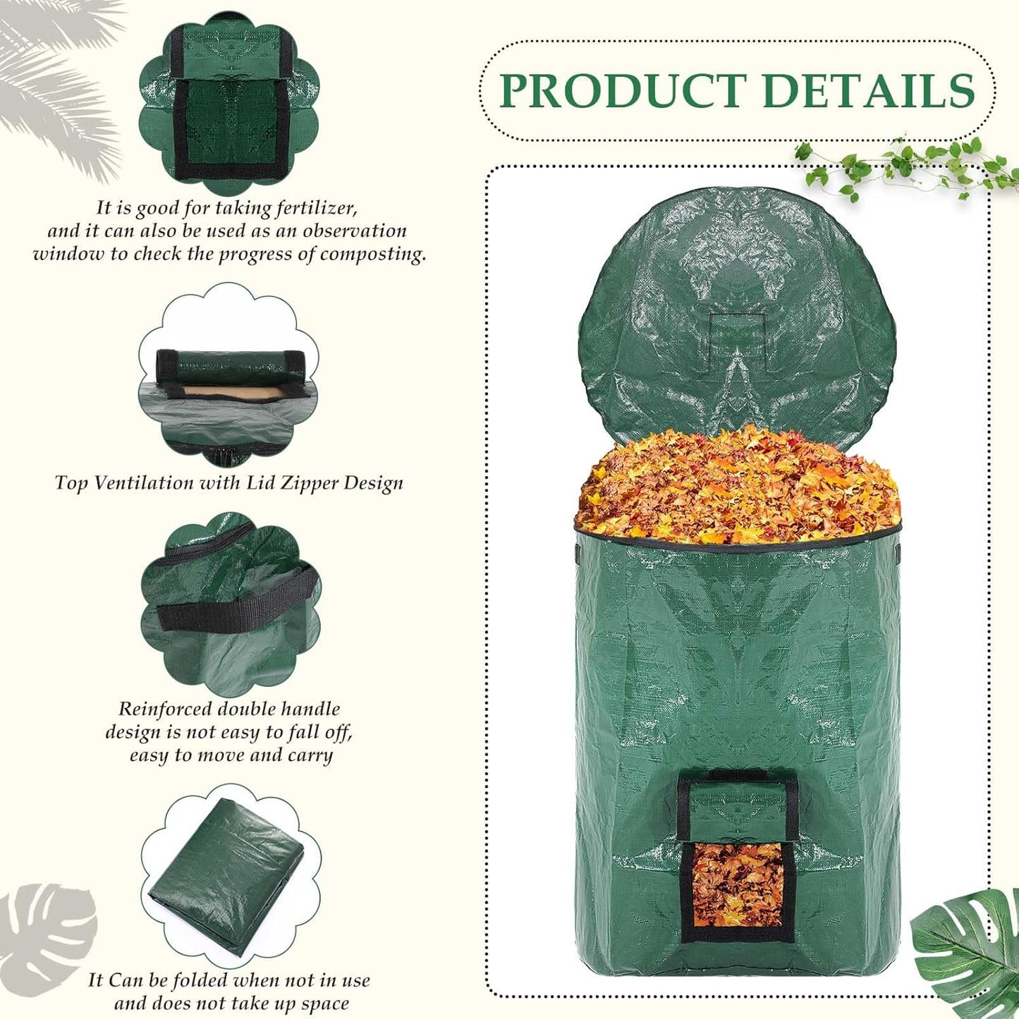 Berlune 4 Pack 132 Gallons Reusable Yard Waste Bag Garden Lawn Leaf Collector Bag Large Heavy Duty Collapsible Compost Bin with Lid and Handles for Outdoor Debris Leaves Grass Clippings