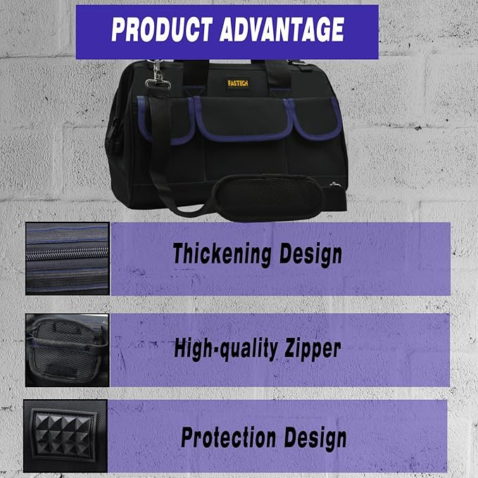 FASTECH 18 Inch Tool Bag, Waterproof Wide Mouth Tool Kit, Heavy Duty Tool Bag Organizer With Shoulder Straps, Tool Storage Package For Men/Women (18IN DarkBlue)