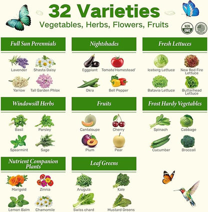 USDA Zone 8 Heirloom Seed Bank, 30,000+ Non-GMO 32 Varieties of Seeds for Planting Vegetables, Survival Seed Kit for Raised Garden Bed, Greenhouse, Gardening Gifts for Women Men