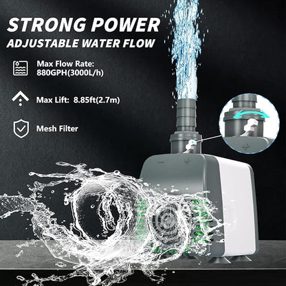 880GPH Submersible Water Pump, Pond Pumps with Over Heating Protection Adjustable Flow Rate Desin 6.5ft High Lift for Fountains, Hydroponics, Ponds, Aquariums & More