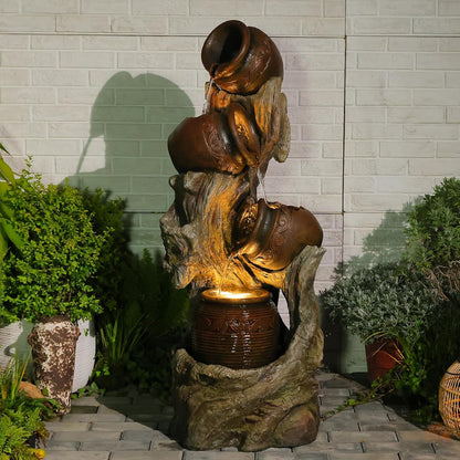Freestanding Outdoor Fountain - Garden Water Feature with LED, Cascading Jar & Faux Wood Design for Patio/Backyard
