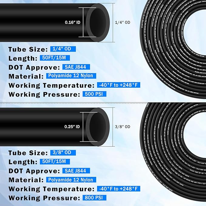 68 Pcs DOT Air Line with Quick Connect Air Fittings Kit 2 Roll 50FT 1/4" and 3/8" DOT Air Lines Kit with 66 Pcs Push Lock Air Line Fittings Pneumatic Push to Connect Air Hose Fitting