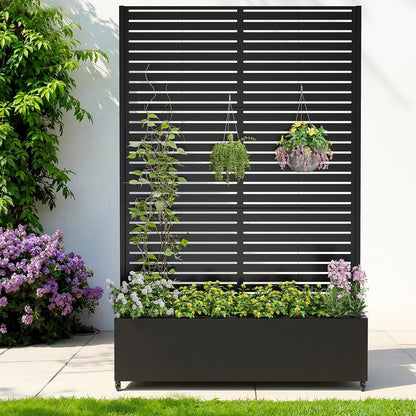 Metal Raised Garden Bed with Trellis & Wheels,72" x 47"x 15.7" Planter Box with Trellis,Privacy Planters for Patio,Garden Bed for Climbing Plants,Suitable for Climbing Plants and Vegetables,Black