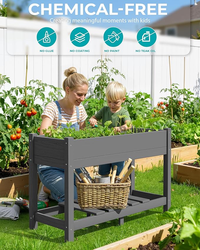 SERWALL Raised Garden Bed, HDPE Raised Bed for Gardening All Weather Use- Grey