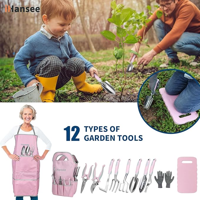 Pink Garden Tool Sets 12 Pieces, iHansee Aluminum Gardening Hand Tools with Non-Slip Handle, Kneeling Pad, Apron, Gloves and Organizer Bag, Landscaping Tools - Gift for Women & Garden Enthusiasts
