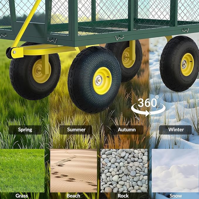 Metal Wagon - 1400lbs Garden Cart with 10" Multi-Terrain Tires, 4 Removable Mesh Sides & 180° Swivel Handle, Yard Wagon Cart for Lawn, Yard, Patio Gardening