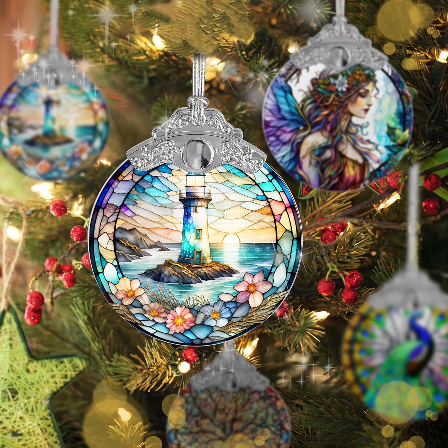 Stained Glass Suncatcher, Jocidea Lighthouse Ornament, Christmas Ornaments, Holidays Ornaments, Christmas Tree Decor, Lighthouse Decor for Home, Lighthouse Gifts