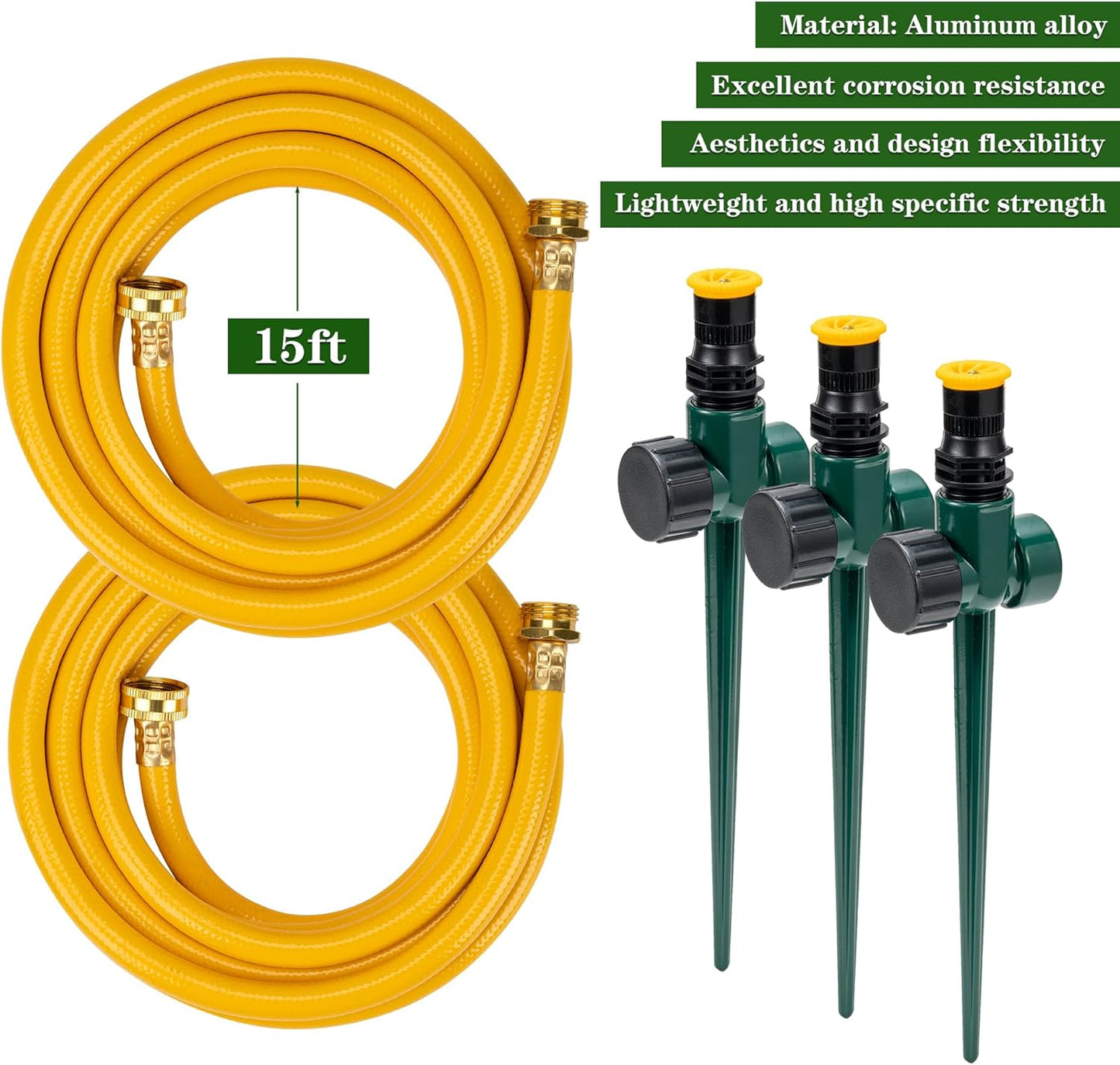 Ground Sprinkler Systemwith Metal Spike Base Irrigation Set for Garden Multi-Adjustable Lawn Sprinkler Set Ideal for Small Areas Plant and Flower Bed Watering, Two 15ft Yellow Hose Included