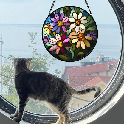 Stained Glass Window Hanging - Colorful Daisies Suncatcher for Door Garden Patio Retro Flower Sun Catchers Decor Christmas Mother's Day Birthday Gifts for Women Mom Nana Aunt Friend 7.8 in