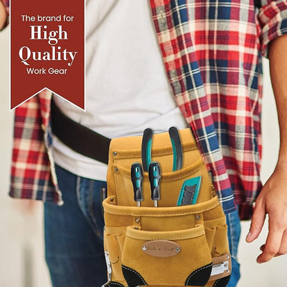 Style n Craft 10-Pocket Carpenter’s Nail & Tool Pouch with Tape Clip, Heavy-Duty Leather Tool Pouch, Perfect and Durable Full-Grain Leather Pouch, Yellow with Black Leather Corners (93924)