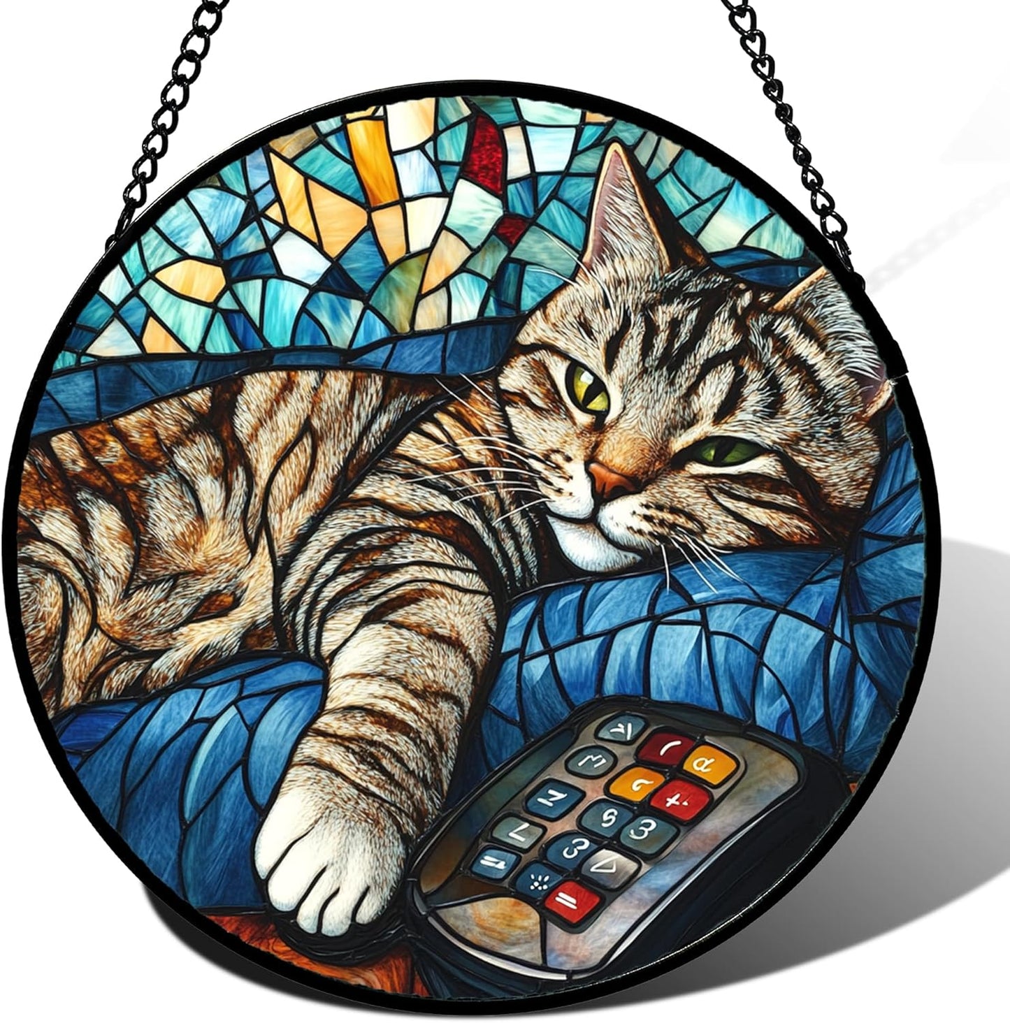 Stained Glass Window Hanging Gray Cat and Remote Control 7.8" - Suncatcher Door Garden Kitchen Sun Catcher Home Decor Birthday for Lost Pets Mom Men Woman Friend Grandma