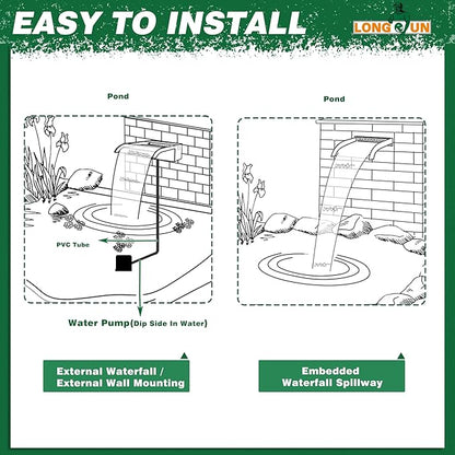 Pool Fountain, LONGRUN Waterfall Spillway for Koi Ponds - 23.6" Transparent Acrylic Waterfall with APP Control & Multi-Color LED Lights for Swimming Pool, Garden Pond, Patios, Spa Decoration