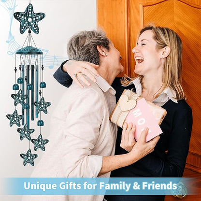 Starfish Wind Chimes for Outside, Large Starfish Gifts for Women, Blue Marine Animal Wind Chime, Metal Starfish Decor, 40" Outdoor Garden Decor for Lawn, Porch, Patio, Yard