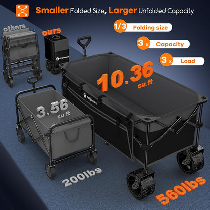 48" L Collapsible Wagon Cart Foldable, 560lbs Weight Capacity 300L Heavy Duty Folding Beach Wagons with Big All-Terrain Wheels, Utility Carts for Groceries, Shopping, Camping, Sports - Grey&Black