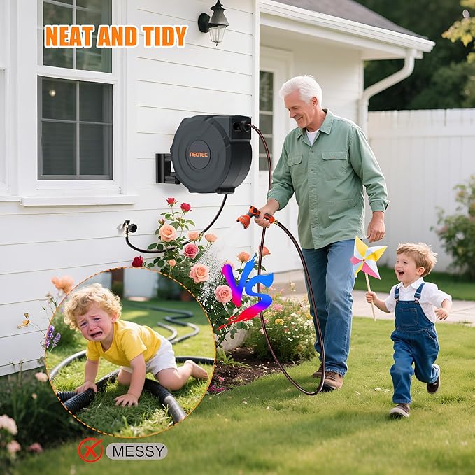 NEOTEC Retractable Garden Hose Reel 1/2 inch x 130ft - Wall Mounted Heavy Duty Hose Reel with 3/4 Inch Brass Fittings & 9-Pattern Nozzle - Auto Rewind System, Any Length Lock, 180° Swivel Bracket