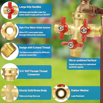 Full Flow 3 Way Hose Splitter, Solid Brass Garden Hose Splitter Valve with Metal Handle, Heavy Duty High Flow Spigot Splitter with Shut off Valve, 3/4 Inch Garden Tap Splitter