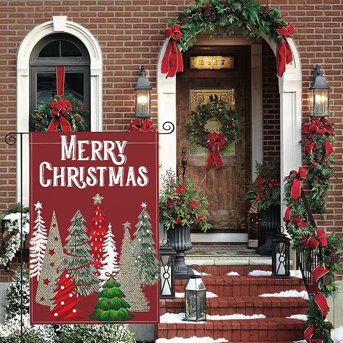 Christmas Trees Garden Flag, Merry Christmas Yard Flag Double Sided Weather Resistant Outside Decorative Flag for Patio Lawn Home Courtyard 12x18inch