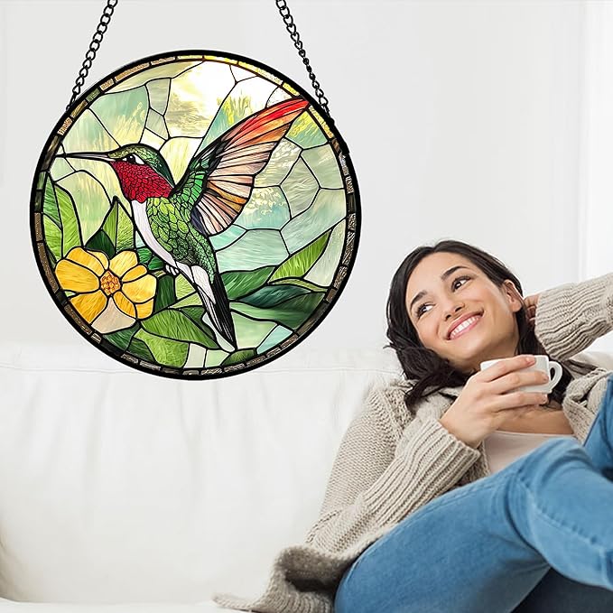 Stained Glass Window Hanging, Green Hummingbird Sun Catcher for Door Home Decor, Birds Suncatcher Christmas Mother's Day Birthday Gifts for Bird Lovers Women Men Mom and Nana 7.8 in