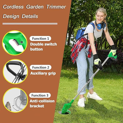 21V String Trimmer Cordless Battery Powered Weed Wacker, 2 X 2.0Ah Battery and a Charger, Brush Cutter Lawn Mower Edger Lawn Tool for Garden and Yard