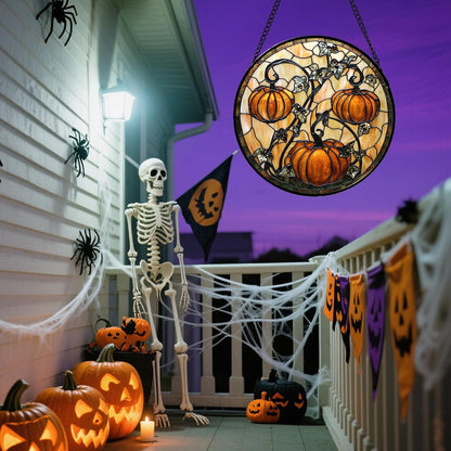Stained Glass Window Hanging - Halloween Decoration Orange Pumpkin Vine Leaves Suncatcher for Door Garden Spooky Sun Catchers Gothic Decor Horror Gifts for Women Men Friend Boy Girl 9.8 in