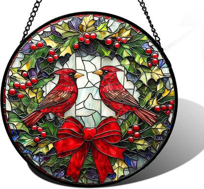Stained Glass Window Hanging - Cardinals Green Wreath Suncatcher for Doors Home Christmas Decoration Red Bird Sun Catcher Thanksgiving New Year Birthday Gift for Women Men Mom Nana 6.3 in