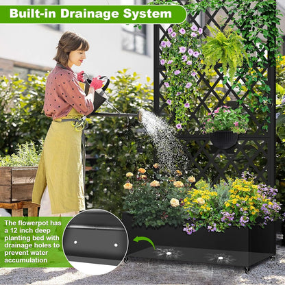 Metal Planter Box with Trellis, 72"x35"x16" Metal Raised Garden Bed with Trellis, Trellis Planter Box with Drainage Holes & Lockable Casters for Climbing Plants, Vegetables, and Vines