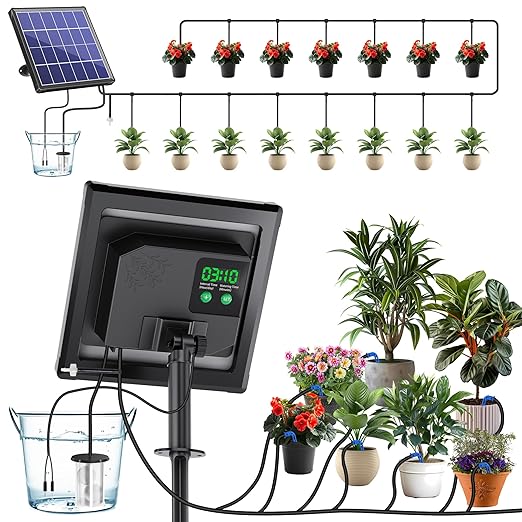 Biling Solar Drip Irrigation System, 3W Drip Irrigation Kit Digital Programmable Smart Watering for 15 Potted Plants Outdoor Indoor Garden