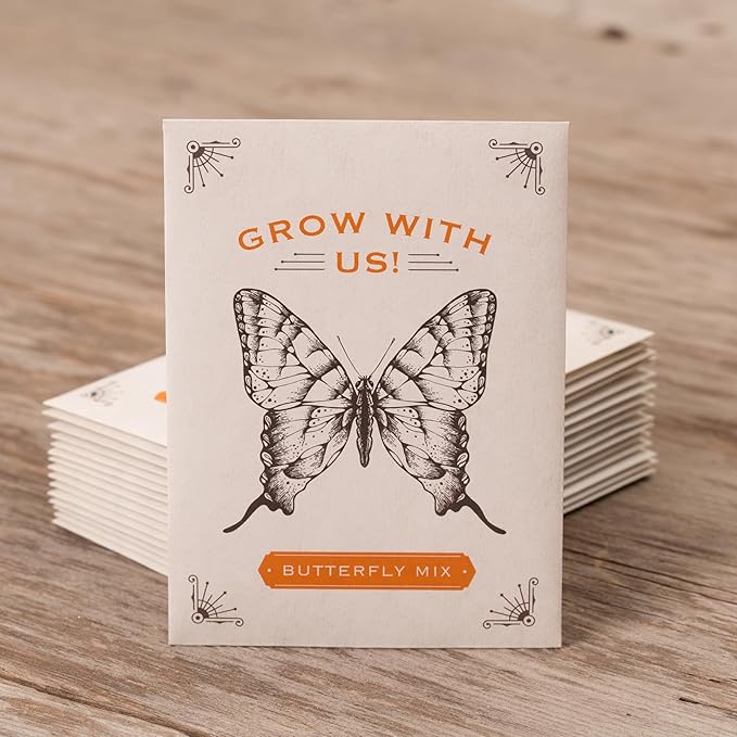 Bentley Seeds Grow with Us Pre Filled Butterfly Mix Seed Packets - 25 Individual Assortment Butterfly Mix Seed Packs for Party Favors Non-GMO Eco-Friendly Summer to Fall Gift - Outdoor Garden Seeds