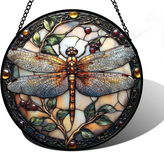 Stained Glass Window Hanging - Dragonfly Plant Suncatcher Ready to Hang Window Doors Home Decoration, Christmas, Mother's Day Birthday Gifts for Women, Men, and Mom11.8x11.8 in