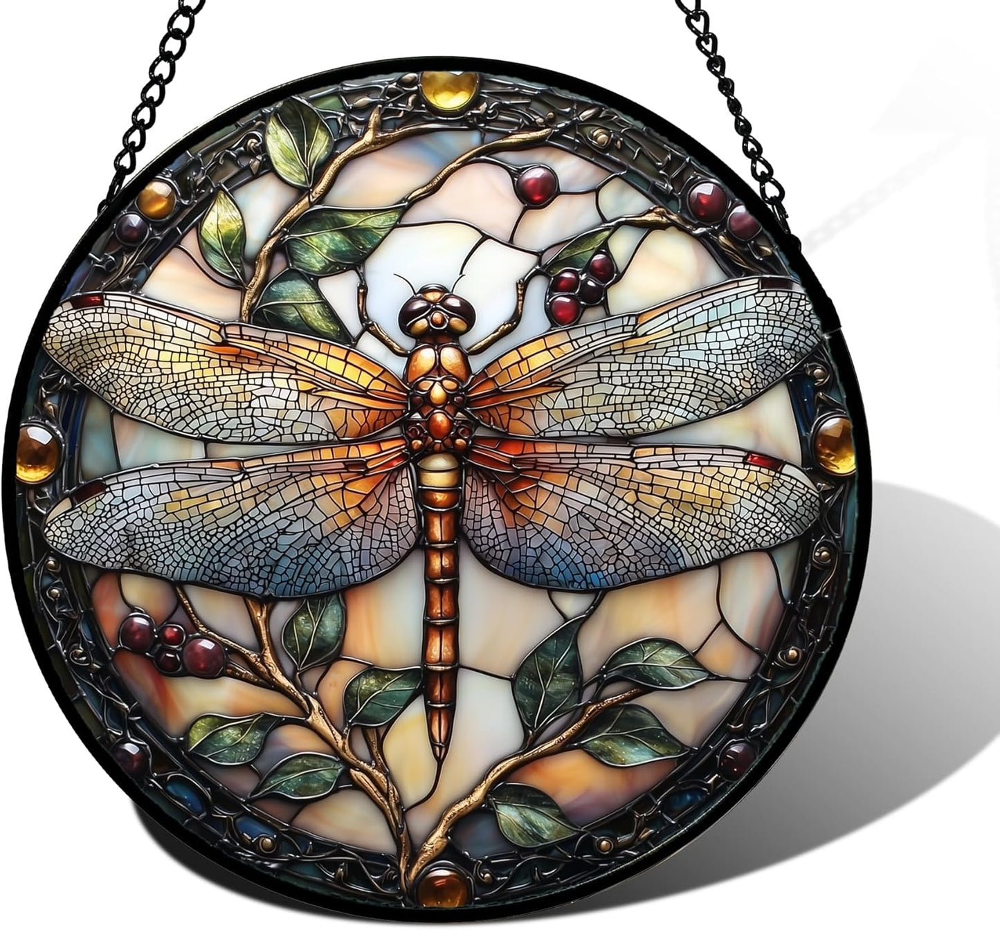 Stained Glass Window Hanging - Dragonfly Plant Suncatcher Ready to Hang Window Doors Home Decoration, Christmas, Mother's Day Birthday Gifts for Women, Men, and Mom 6.3X6.3IN