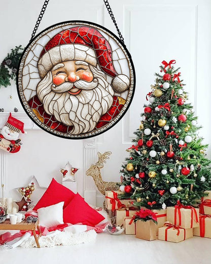 Stained Glass Window Hanging - Red White Santa Claus Suncatcher for Doors Home Christmas Decoration Winter Sun Catcher Thanksgiving New Year Birthday Gifts for Women Men Mom Nana Girl 11.8 in