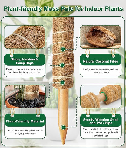 EAONE Moss Pole 126 Inch, 6 Pack 21" Monstera Plant Support for Climbing Potted Live Plants Indoor, Stackable Coco Coir Moss Sticks Monstera Stakes for Pothos Philodendron, with Garden Labels & Ties