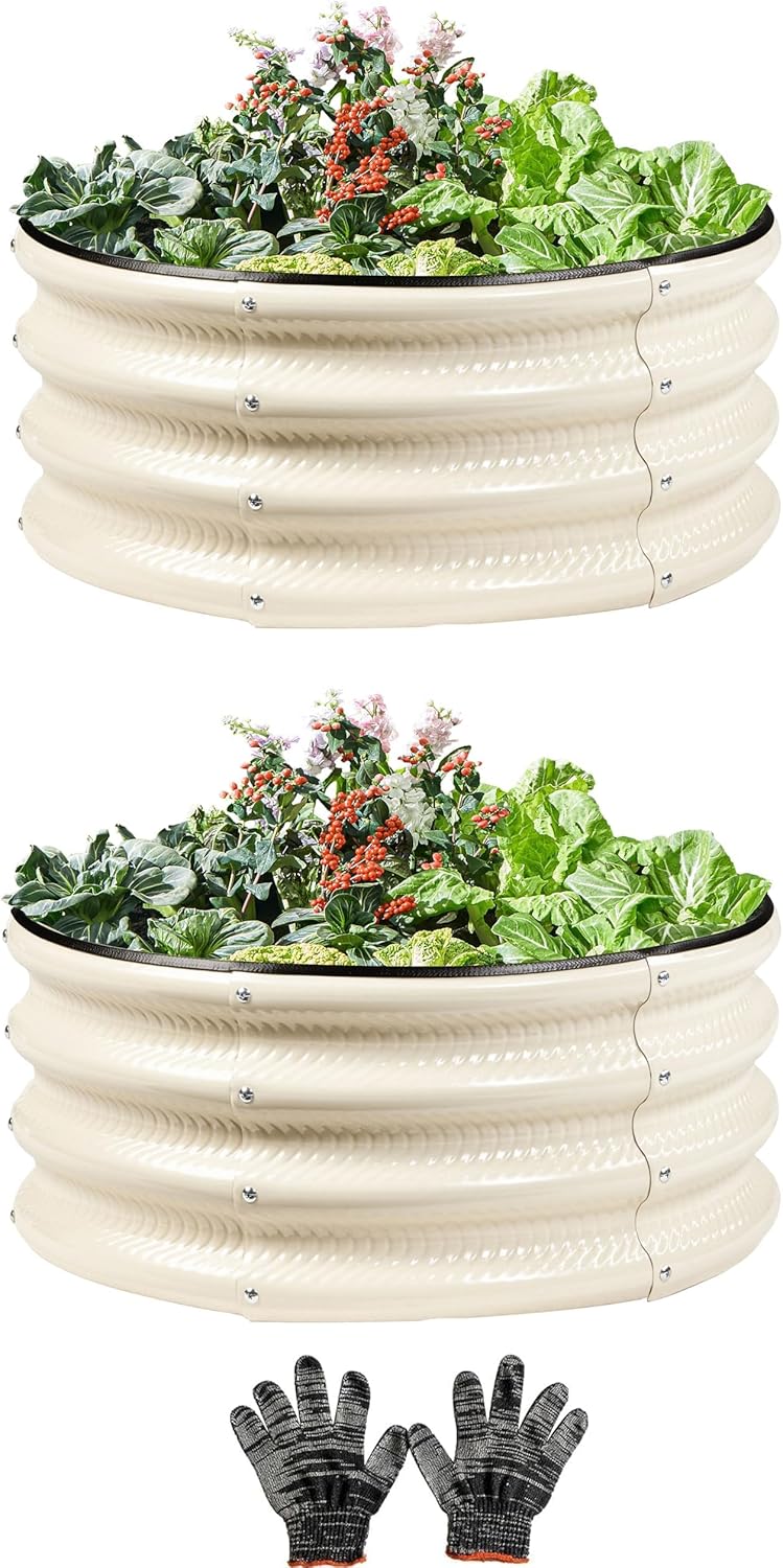 2 Pcs 2x2X1 FT Round Galvanized Raised Garden Bed Kit, White Outdoor Planter Garden Bed, Metal Raised Box for Vegetables, Fruits, Flowers & Herbs