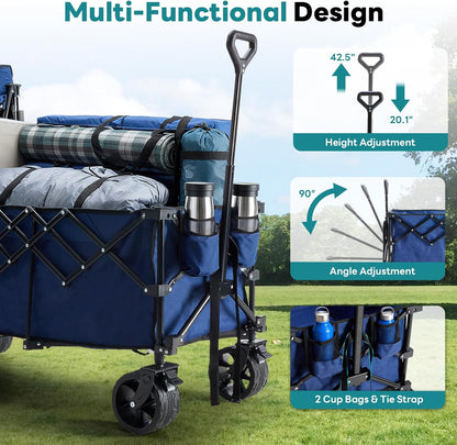 OLIXIS Collapsible Wagon Cart - 440lbs Foldable Extra Long Heavy Duty Utility Wagon with Wheels, Portable Storage Grocery Cart for Camping, Shopping, Sports, Beach, Garden (Blue, 48" L)