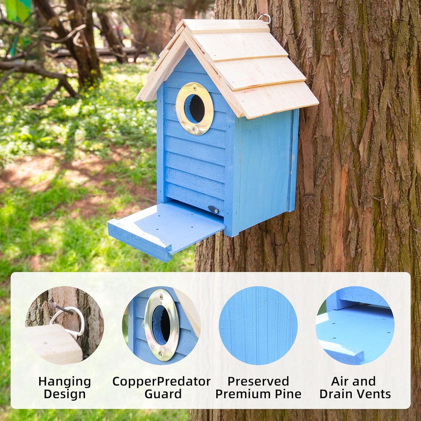 Premium Pine Wood Bird House for Outside – Weather-Resistant Bluebird & Chickadee Nesting Box with Metal Guard