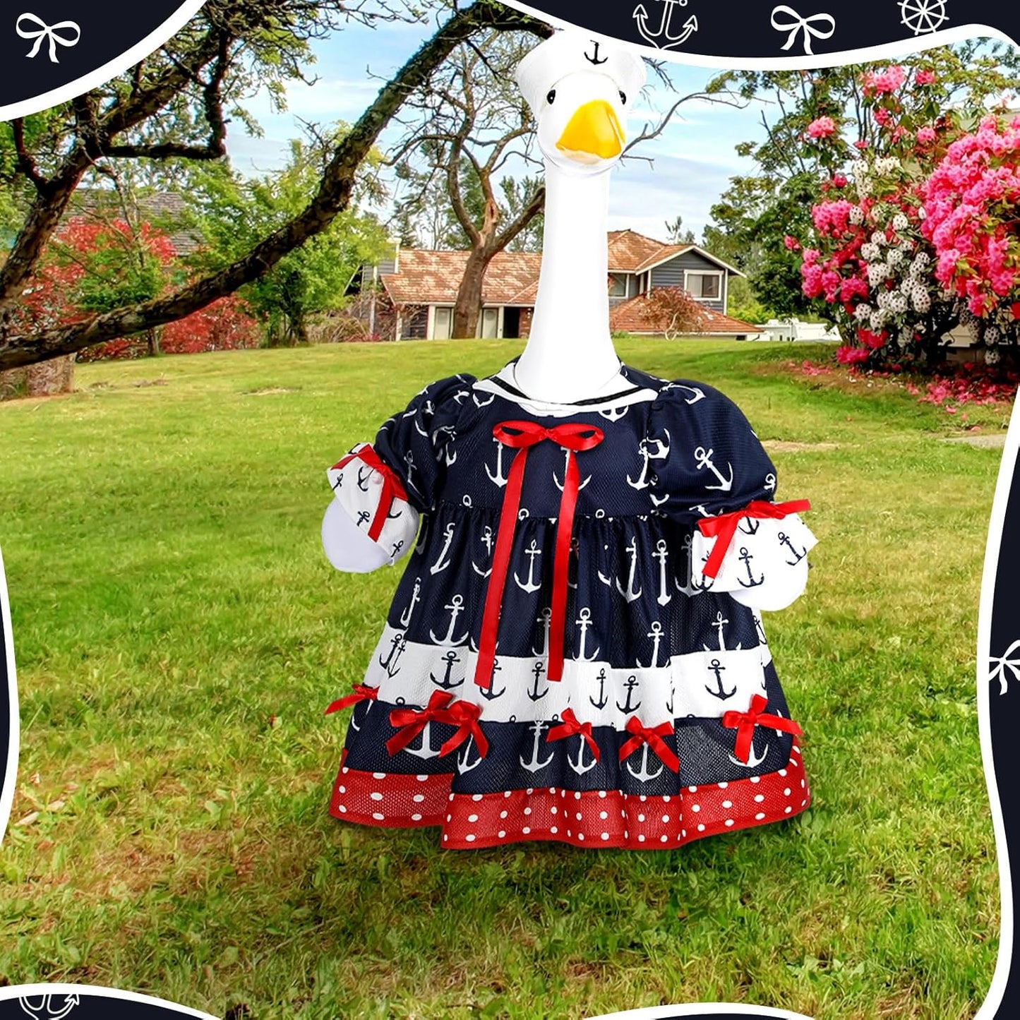 Summer Porch Goose Outfit Nautical Party Sailor Goose Clothes for 23" High Cement or Plastic Geese Costume Cruise Dresses for Yard Lawn Outdoor Garden Patio Anchor Ocean Holiday Beach Decor