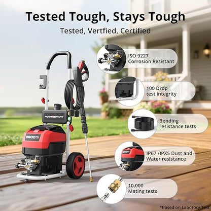 Electric Pressure Washer, 2800 PSI Max, 2.0 GPM, 8" Wheels, 5 Spray Tips and 1.5L Foam Tank, for Patio, Car, Driveway, Fence & Home Cleaning