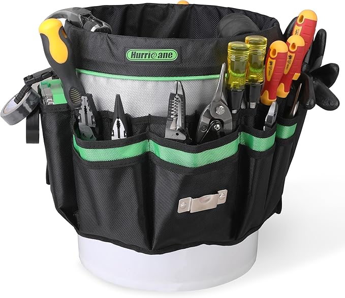 HURRICANE 5 Gallon Bucket Tool Bag Organizer, Garden Tool Caddy with 52 Pockets, Waterproof for Most Buckets