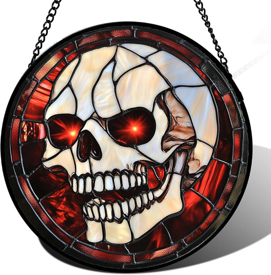 Stained Glass Window Hanging - Halloween Decorations White Skeleton Suncatcher for Doors Garden Indoor Spooky Funny Red Sun Catchers Gothic Decor Horror Gifts for Women Men Friend 11.8 in