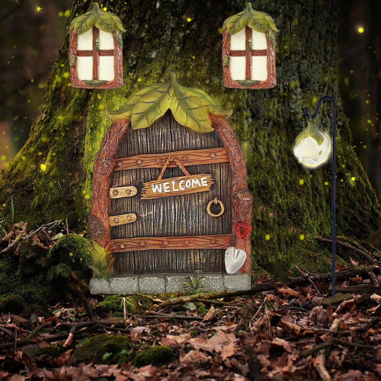 Miniature Fairy Garden Accessories Fairy Door and Windows for Trees, Glow in The Dark Yard Garden Sculpture Lawn Ornament Mini Garden Art Outdoor Decor Accessories with Lantern