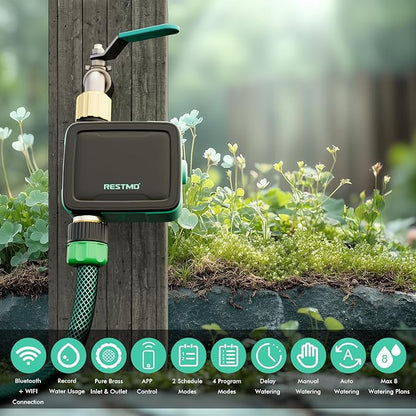 RESTMO Smart Sprinkler Timer with Flow Meter, Water Timer for Garden Hose, Brass Inlet & Outlet, Automatic Lawn & Yard Irrigation Watering System, APP Remote Control (2.4Ghz WiFi Connection)
