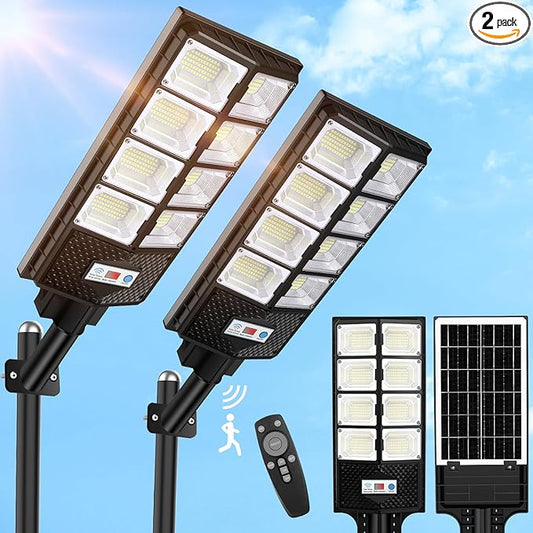 VUAA 2 Pack Solar Street Lights Outdoor Waterproof, 10000LM 448 LEDs Solar Parking Lot Lights Dusk to Dawn,Outdoor Flood Light with Motion Sensor and Remote Control for Area Lighting Yard, 6500K