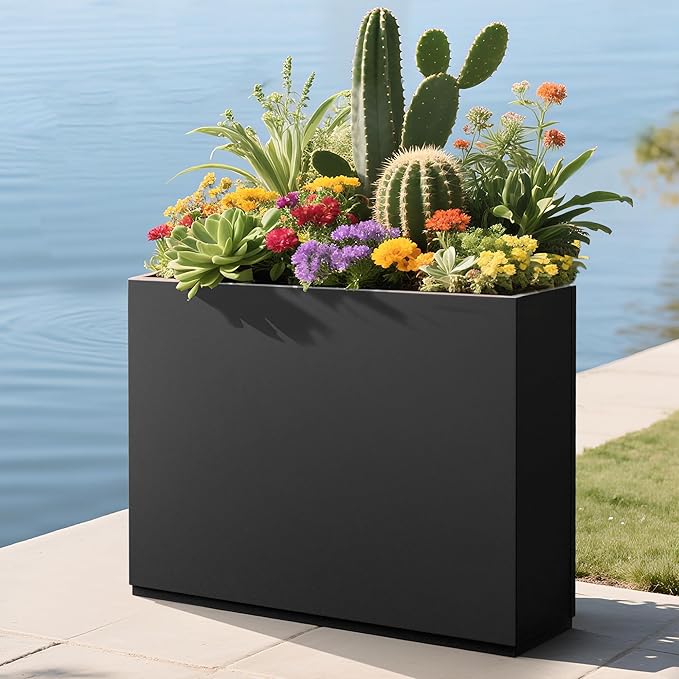 Large Rectangle Planter Metal Black Planter Box with a Drainage Hole and a Removable Divider Indoor Outdoor Porch Pots for Tall Plants, Trees, Flowers 35.43" x 9.06" x 25.59" Black