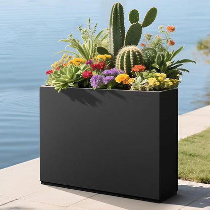 Large Rectangle Planter Metal Black Planter Box with a Drainage Hole and a Removable Divider Indoor Outdoor Porch Pots for Tall Plants, Trees, Flowers 35.43" x 9.06" x 25.59" Black