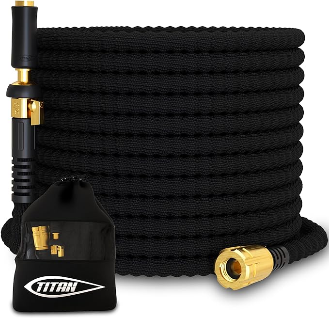 TITAN Flexible Garden Hose 50FT – Ultra Lightweight, Heavy Duty Water Hose with Brass Fittings & Jet Nozzle – Kink-Free, Non-Expanding, Durable Fabric Hose for Yard, Lawn, Car Wash, Outdoor Use